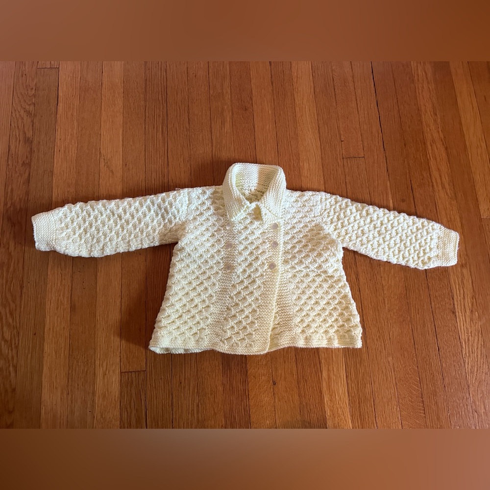 Vtg Pale Yellow Hand Knitted Baby Cardigan